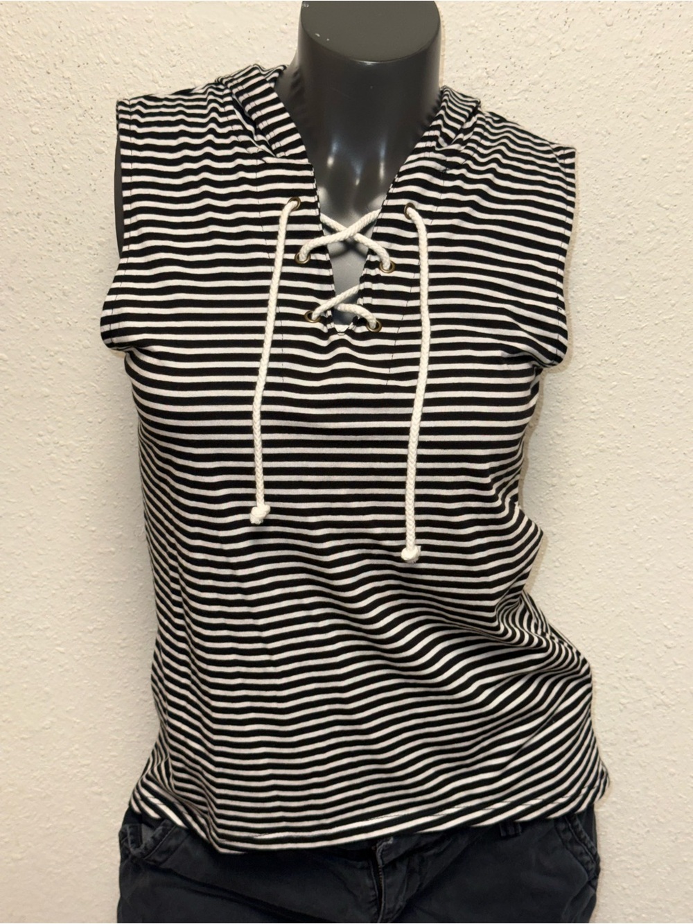 Freshman Black & White Striped Lace-Up Hooded Tank